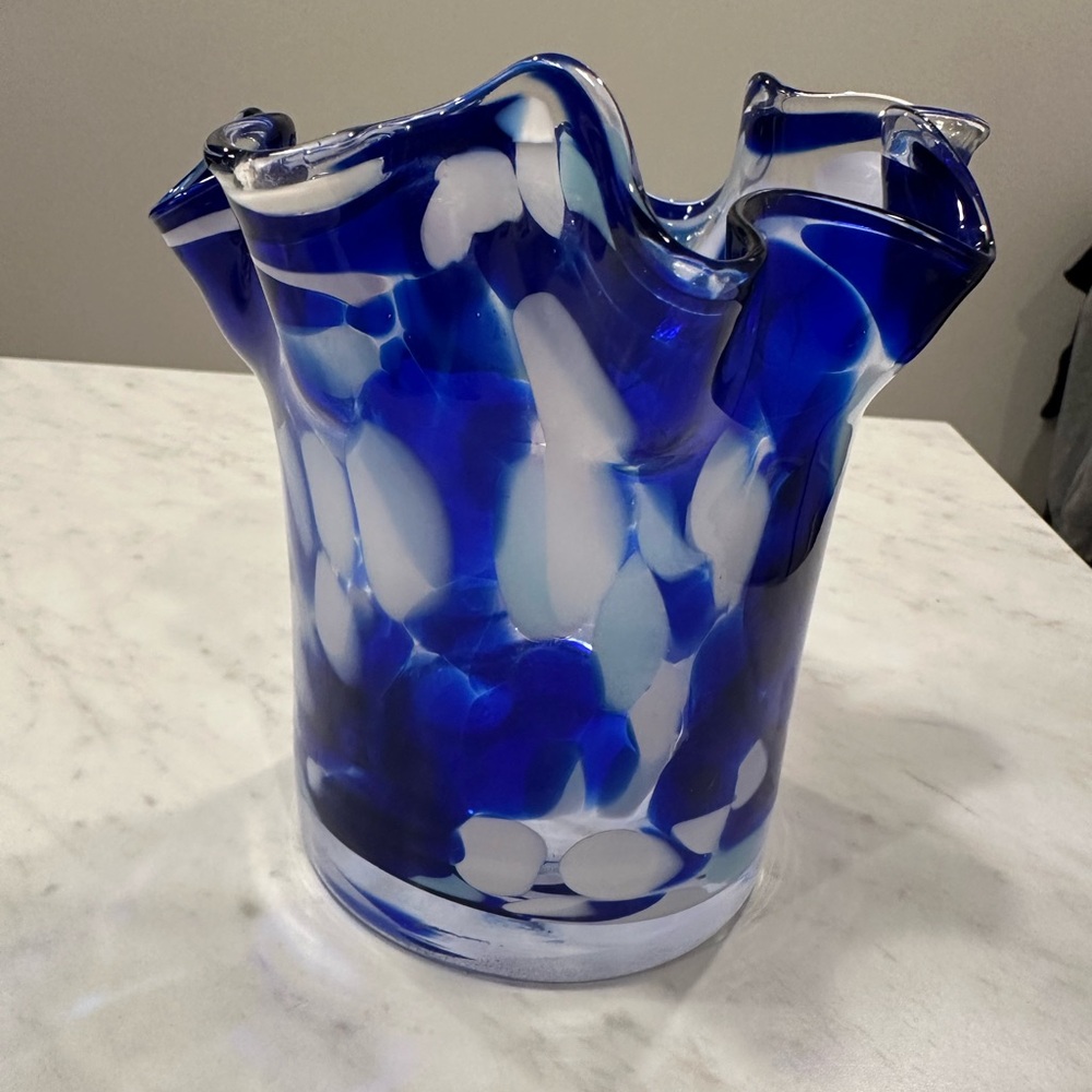 Zorza hand-blown art glass vase from Poland.ruffled handkerchief-style vase
